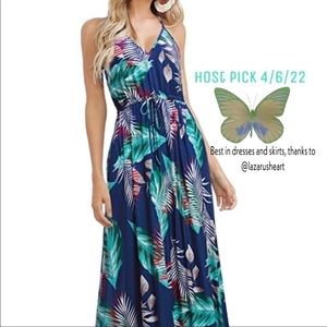 Amazon Huskary Navy tropical floral maxi dress,cinch waist​​​​​​​